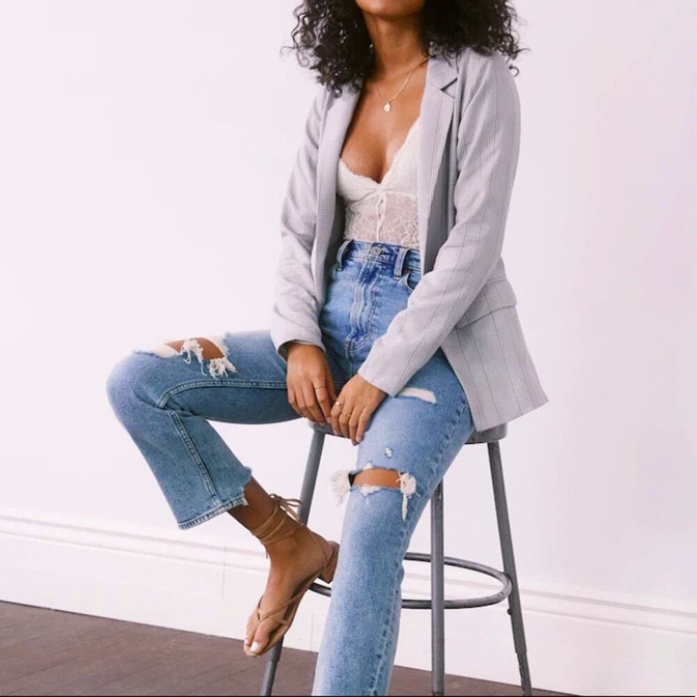 Abercrombie Long Sleeve Plaid Boyfriend Oversized Blazer Jacket Gray Large